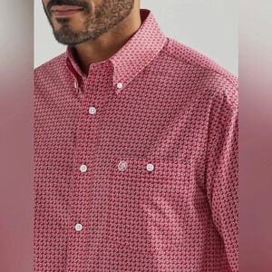 WRANGLER MEN'S RED LONG SLEEVE PRINTED WESTERN SHIRT